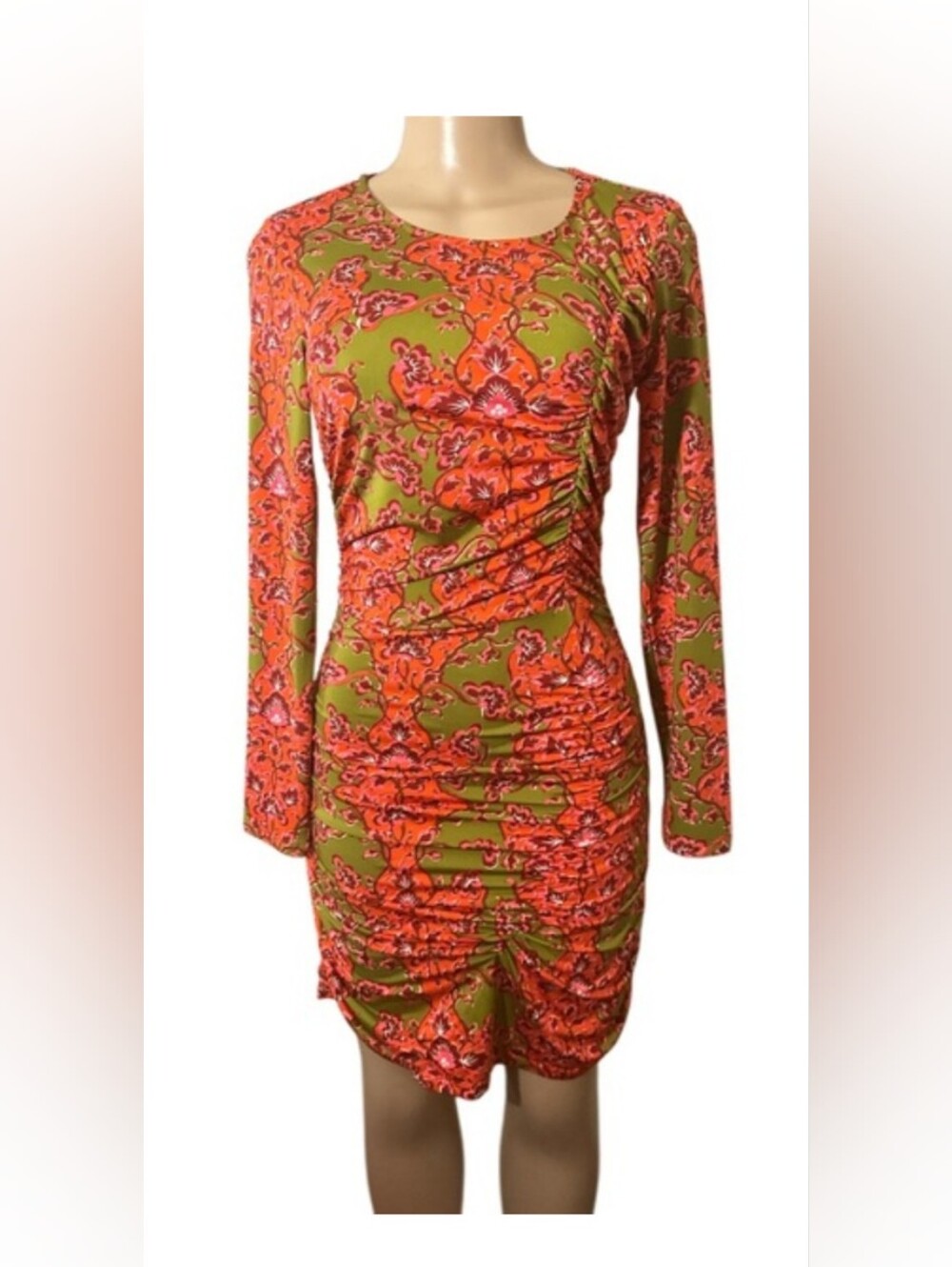 Ruched Long-Sleeve Floral Midi Dress in Green & Orange